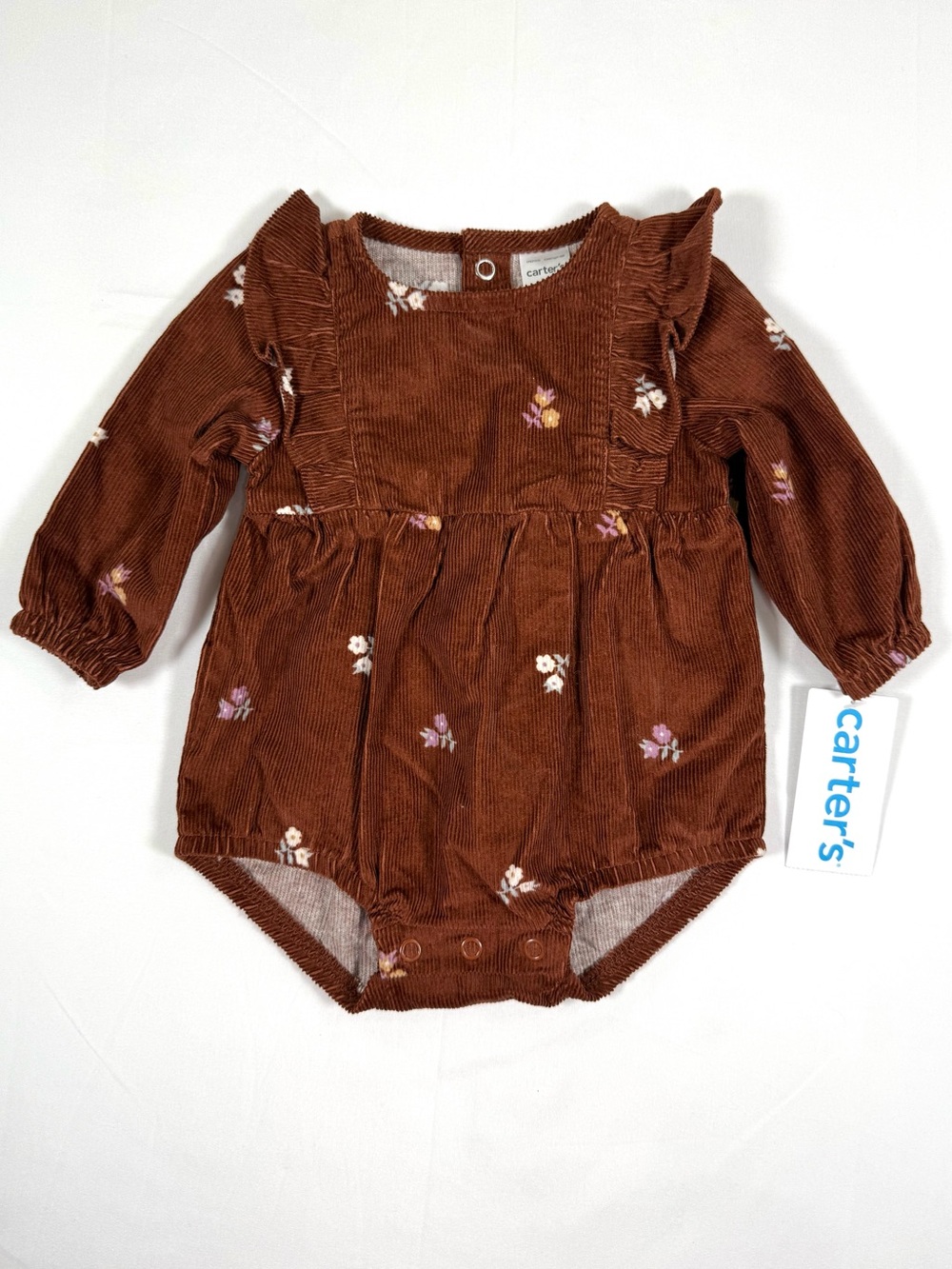 NWT CARTER’S Girls Corduroy Floral Bubble Romper 3M Brown Ruffle Cottagecore NEW